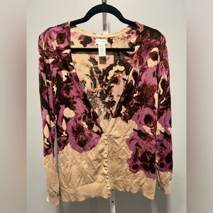 Jaclyn Smith Beige Purple Floral Print V-Neck Cotton Blend Cardigan Size XL